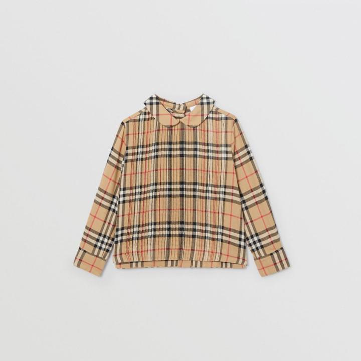 Burberry Burberry Childrens Pintuck Detail Vintage Check Cotton Twill Blouse, Size: 14y, Beige