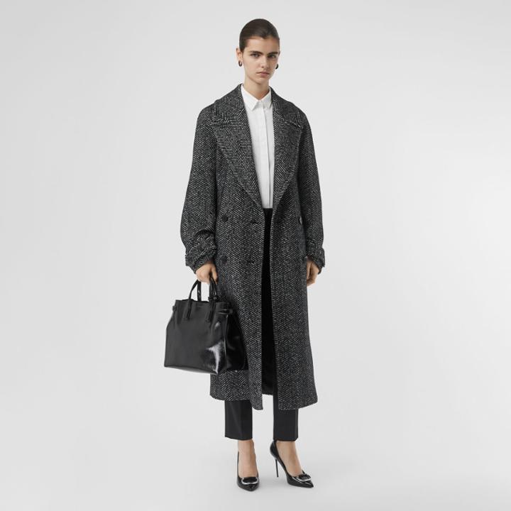 Burberry Burberry Herringbone Wool Silk Blend Double-breasted Coat, Size: 02, Black