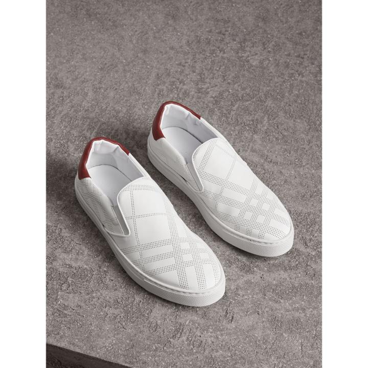 Burberry Burberry Perforated Check Leather Slip-on Trainers, Size: 44, White