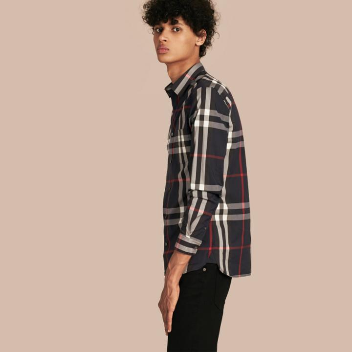 Burberry Burberry Check Stretch Cotton Shirt, Size: Xs, Blue