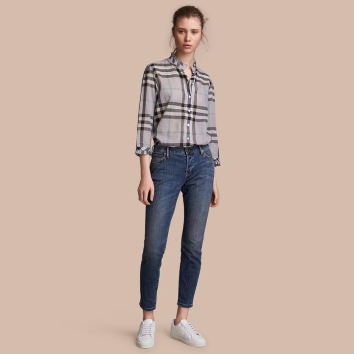 Burberry Burberry Ruffle Detail Check Cotton Shirt, Size: 04, Purple