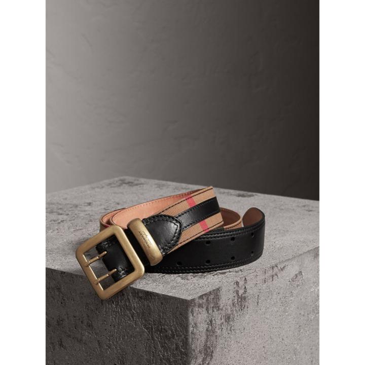 Burberry Burberry Topstitched House Check And Leather Belt, Size: 95
