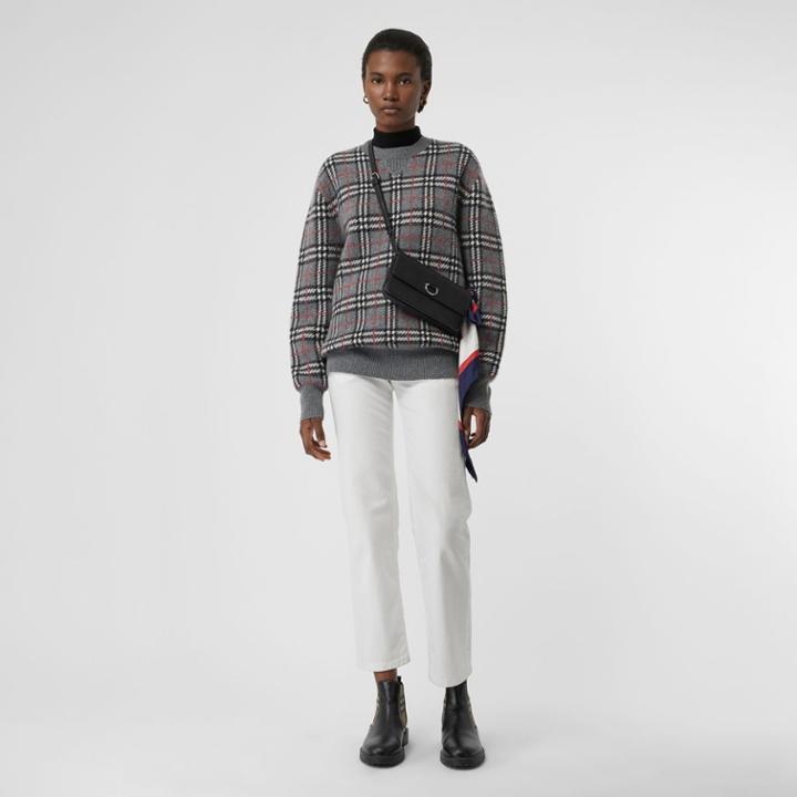 Burberry Burberry Check Cashmere Jacquard Sweater, Grey