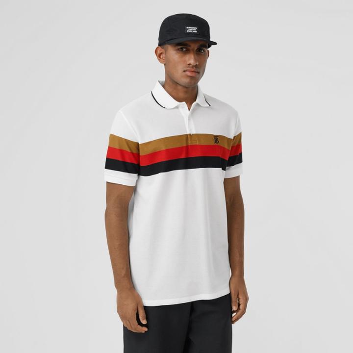 Burberry Burberry Monogram Motif Striped Cotton Polo Shirt, White