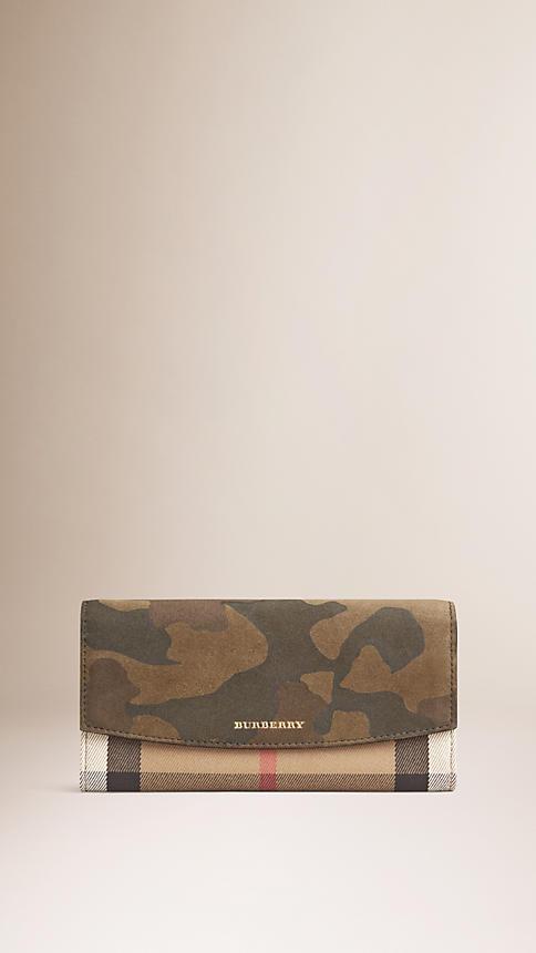 Burberry House Check And Camouflage Suede Continental Wallet
