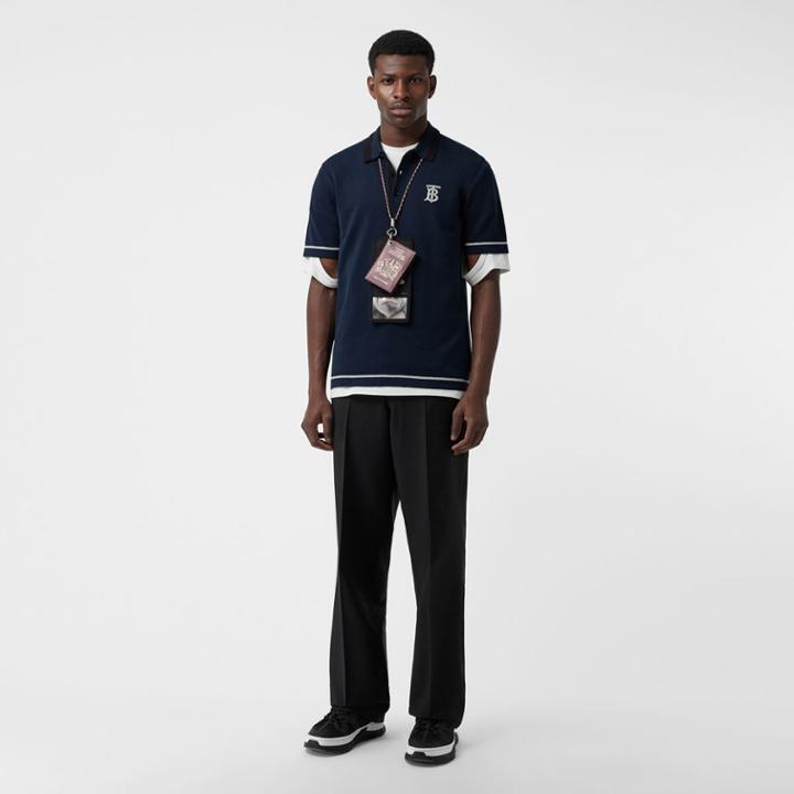 Burberry Burberry Monogram Motif Tipped Cotton Jersey Polo Shirt, Blue