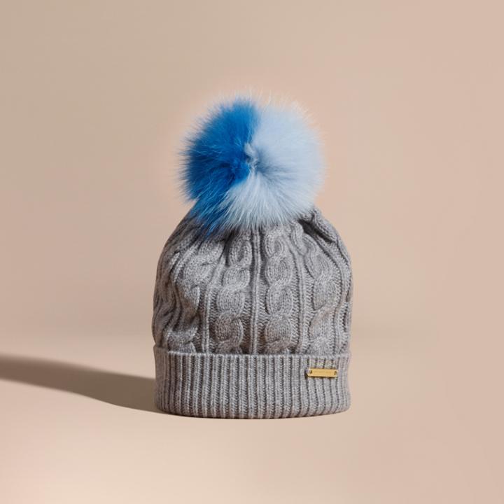 Burberry Burberry Wool Cashmere Cable Knit Beanie With Two-tone Fur Pom-pom, Grey