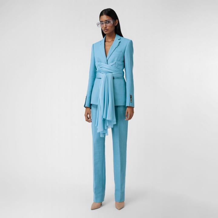 Burberry Burberry Jersey Sash Detail Wool Ramie Tailored Jacket, Size: 02, Blue