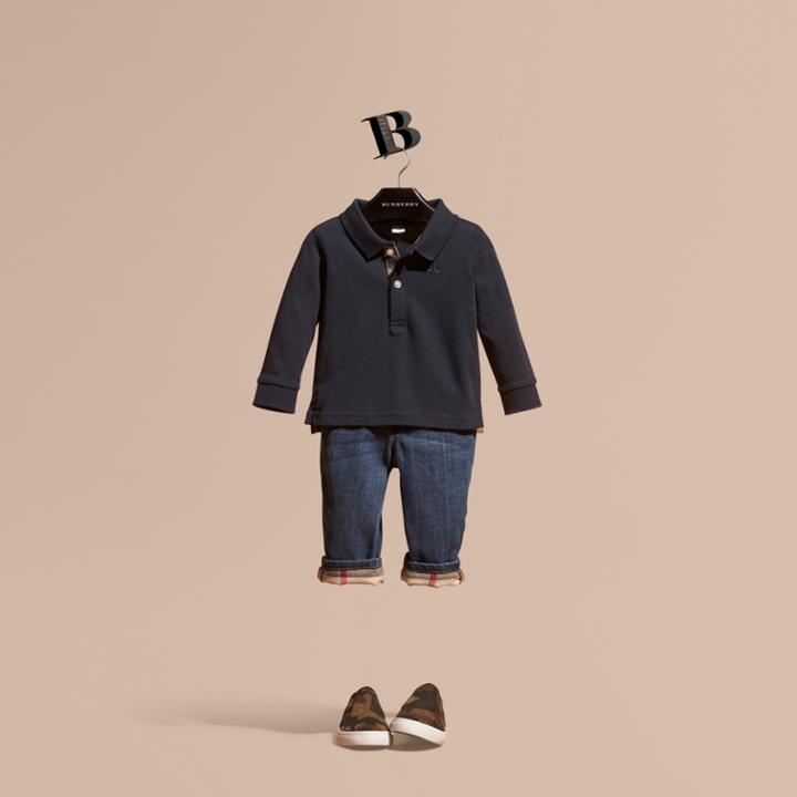 Burberry Burberry Check Trim Long-sleeved Cotton Polo Shirt, Size: 18m, Blue