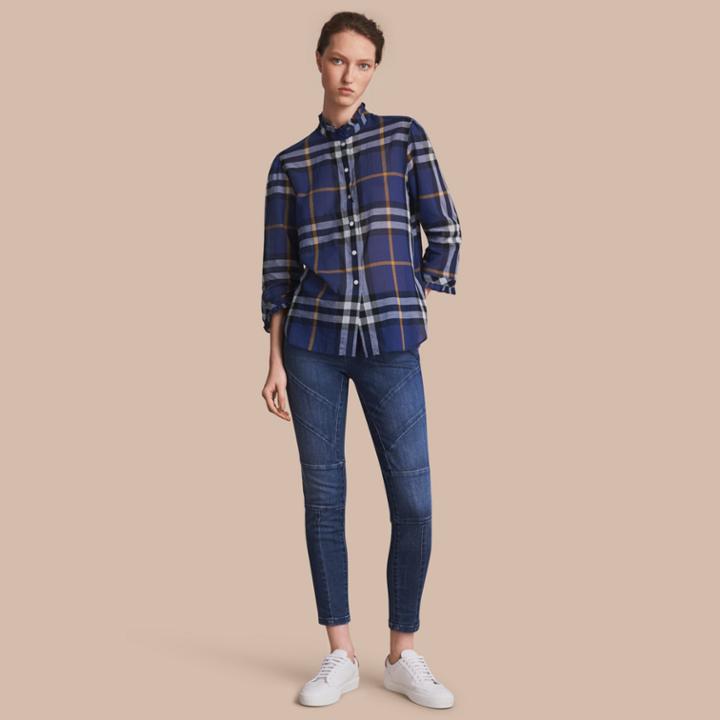 Burberry Burberry Ruffle Detail Check Cotton Shirt, Size: 08, Blue