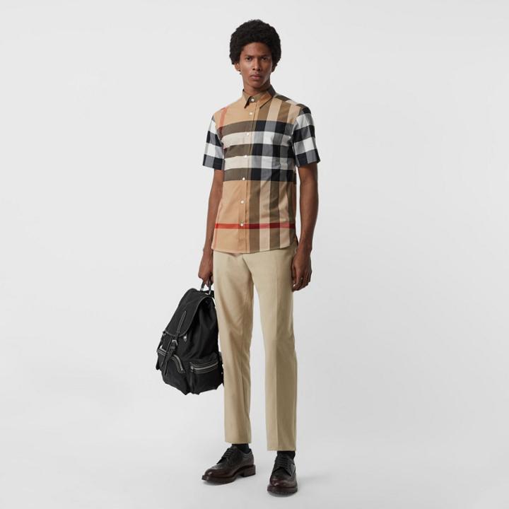 Burberry Burberry Short-sleeve Check Stretch Cotton Shirt, Beige