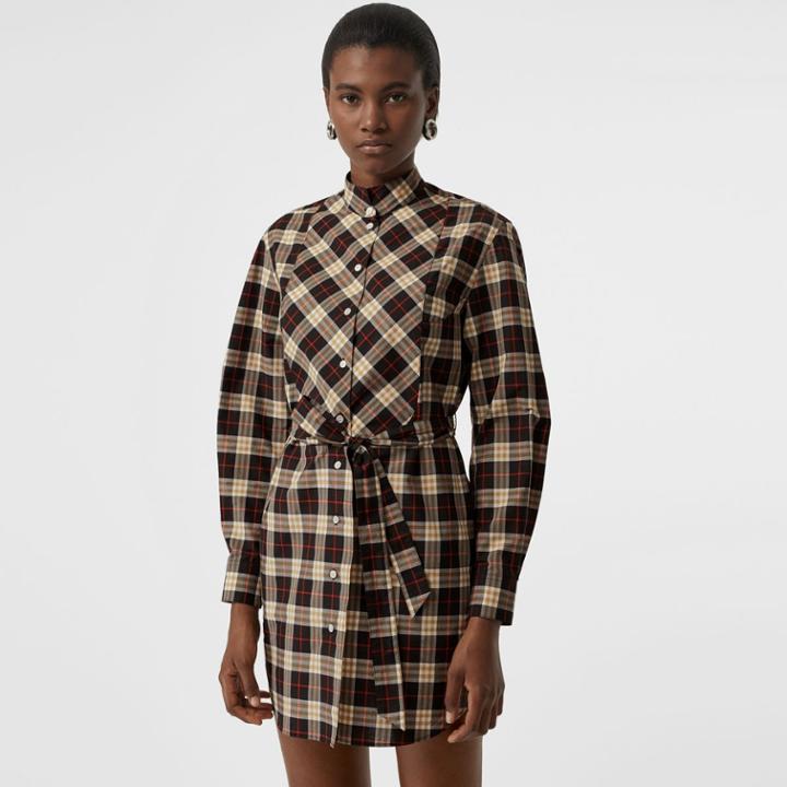 Burberry Burberry Check Cotton Tie-waist Shirt Dress, Size: 04, Black