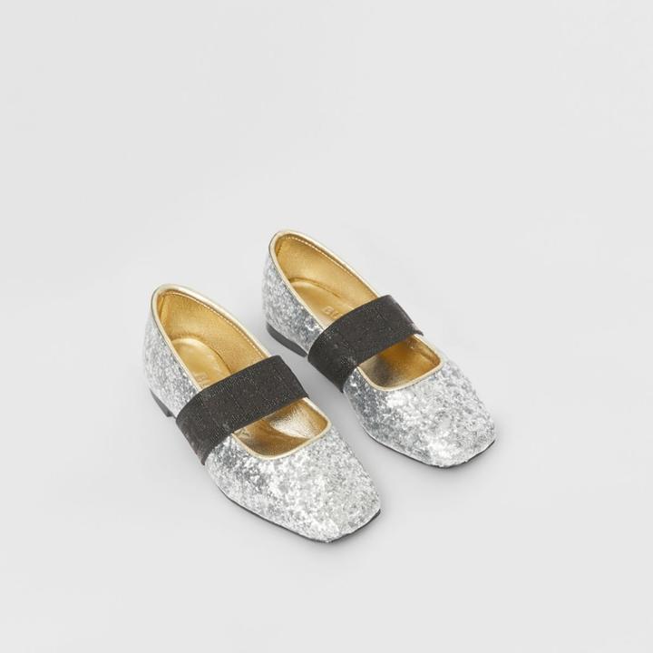 Burberry Burberry Childrens Logo Detail Glittery Flats, Size: 23, Grey