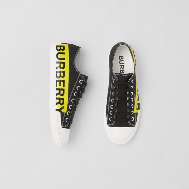 Burberry Burberry Logo Print Two-tone Cotton Gabardine Sneakers, Size: 42, Black