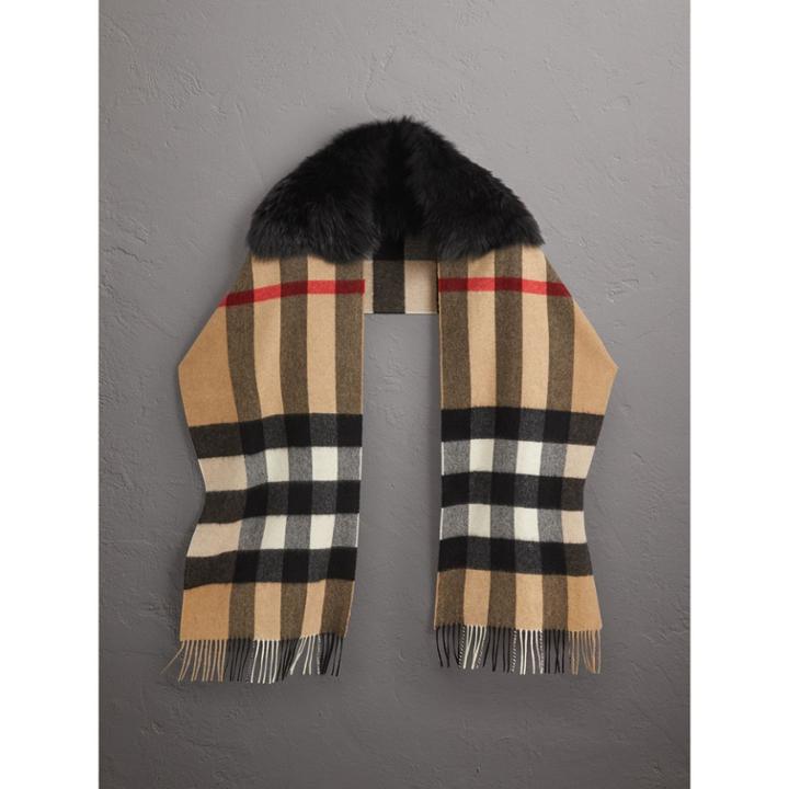 Burberry Burberry Fox Fur Trim Check Cashmere Scarf, Brown