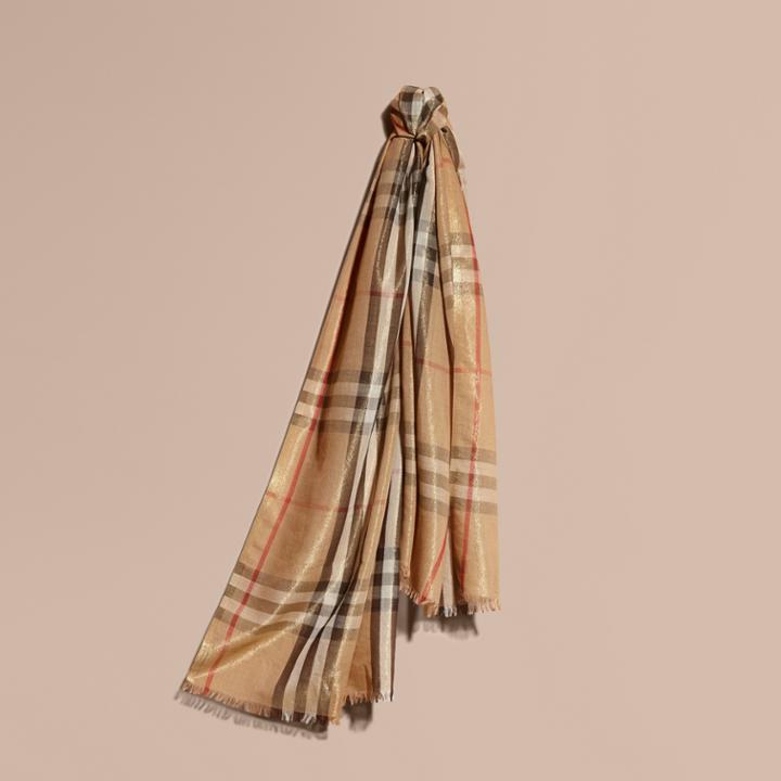 Burberry Burberry Metallic Check Silk And Wool Scarf, Yellow