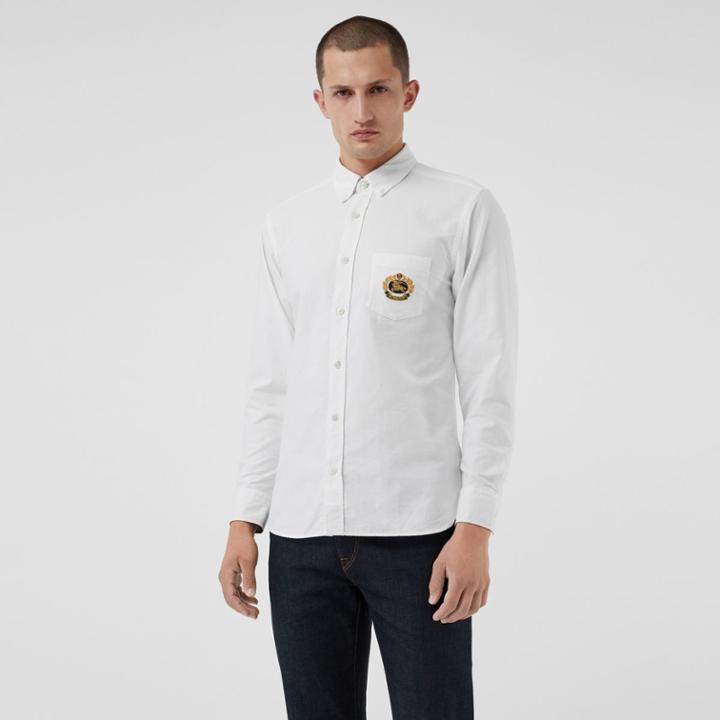 Burberry Burberry Embroidered Archive Logo Cotton Oxford Shirt, White