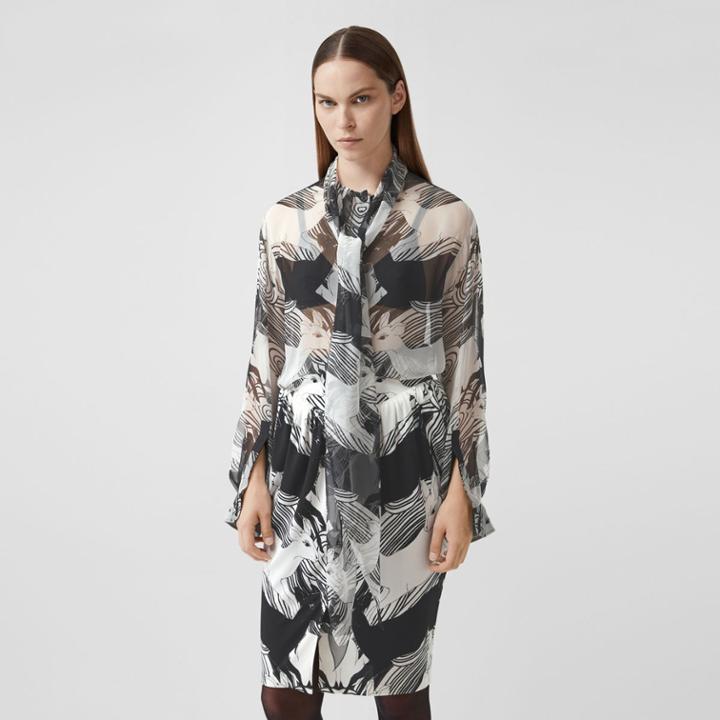 Burberry Burberry Deer Print Silk Chiffon Pussy-bow Blouse, Size: 04, Grey