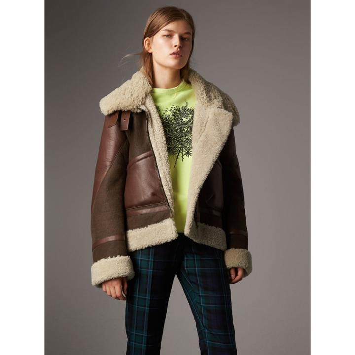 Burberry Burberry Lambskin Panelled Shearling Aviator Jacket, Size: 04