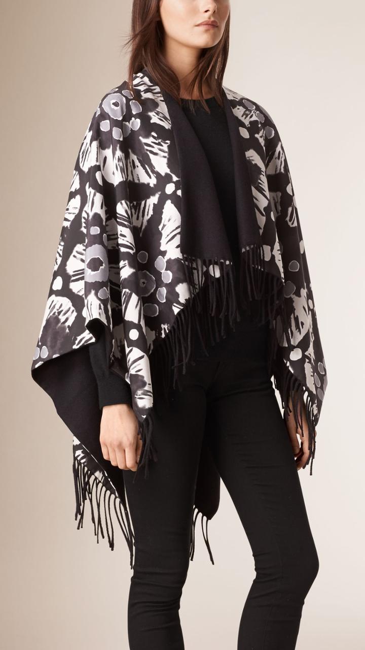 Burberry Burberry Floral Tie-dye Print Cotton Silk Poncho, Black