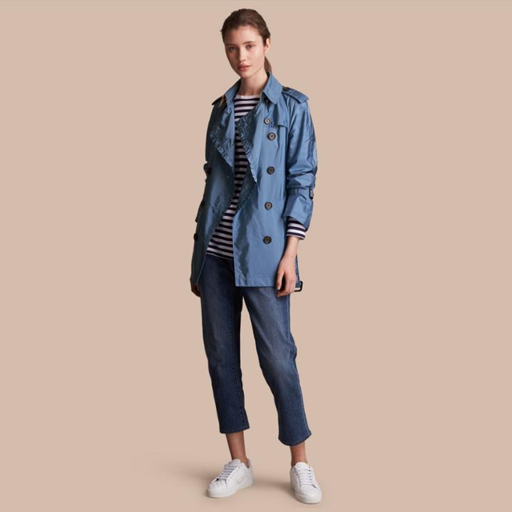 Burberry Burberry Packaway Ruffle Detail Showerproof Trench Coat, Size: 06, Blue