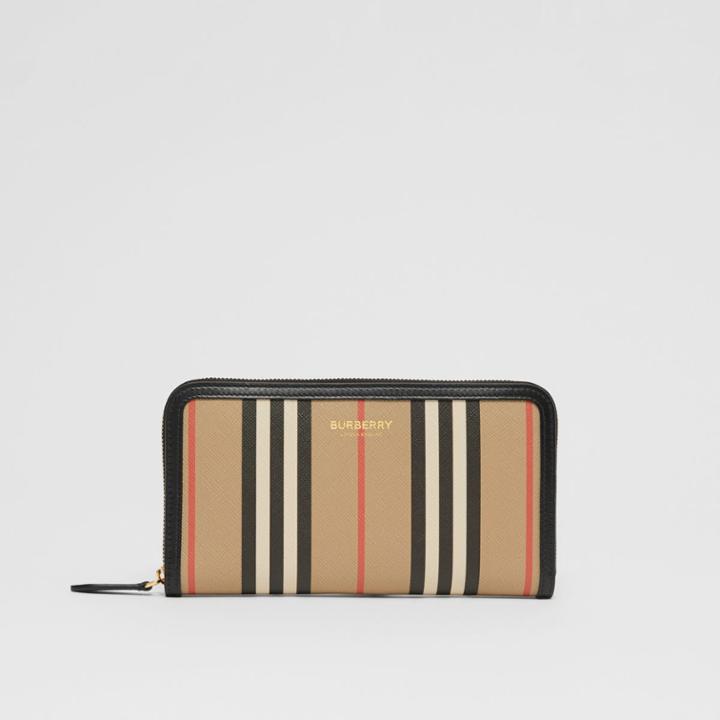 Burberry Burberry Icon Stripe E-canvas And Leather Ziparound Wallet, Beige