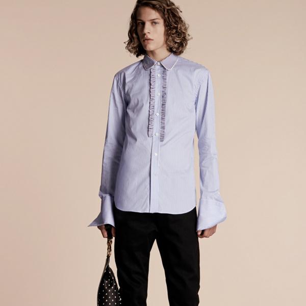 Burberry Ruffle Placket Striped Cotton Shirt