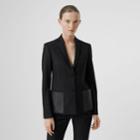 Burberry Burberry Leather Detail Wool Tailored Jacket, Size: 10, Black