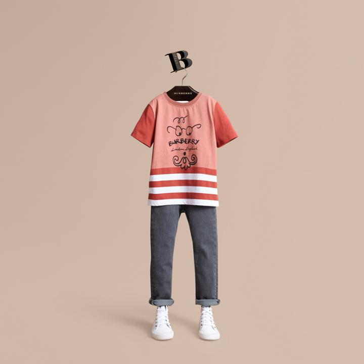 Burberry Burberry Glasses And Beard Print Striped Cotton T-shirt, Size: 12y, Orange