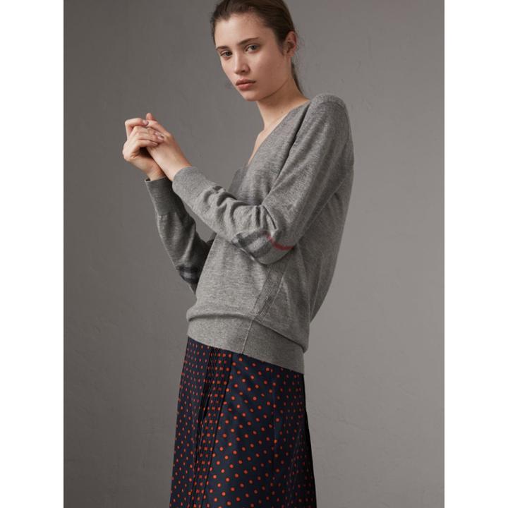 Burberry Burberry Check Detail Cashmere V-neck Sweater