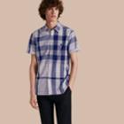 Burberry Burberry Short-sleeved Tonal Check Cotton Shirt, Size: M, Blue