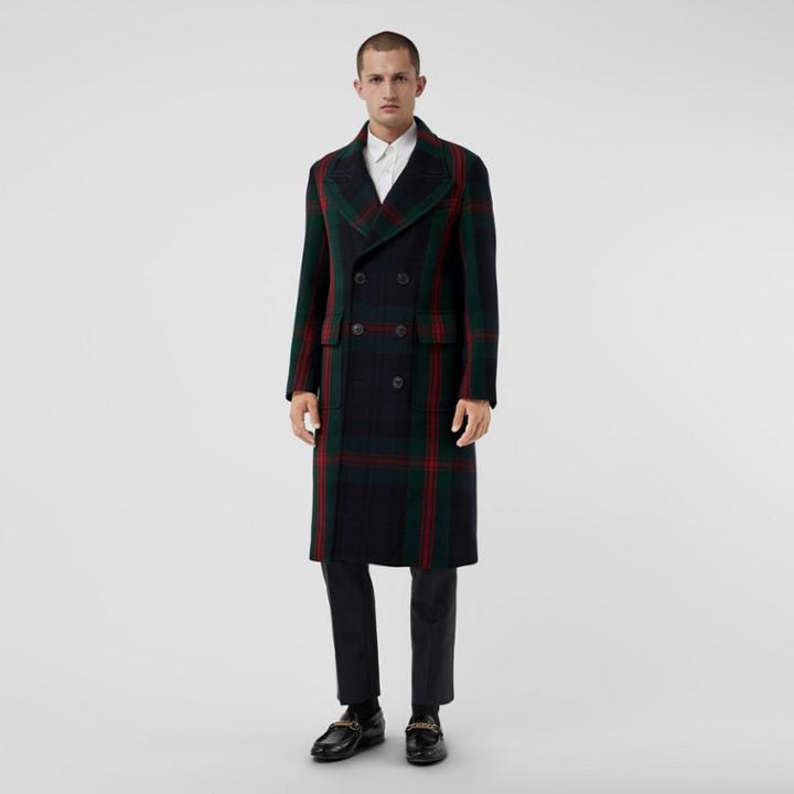 Burberry Burberry Tartan Wool Mohair Blend Tailored Coat, Size: 54, Blue