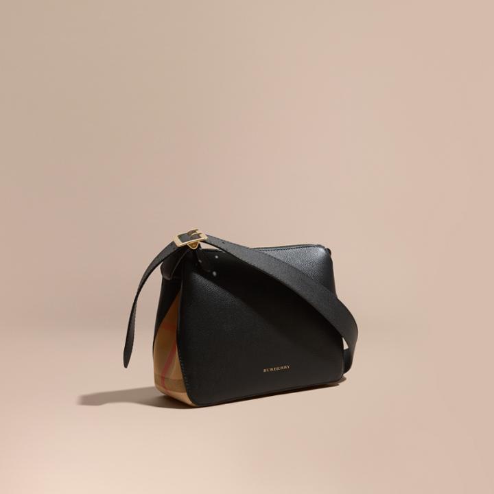 Burberry Burberry Buckle Detail Leather And House Check Crossbody Bag, Black
