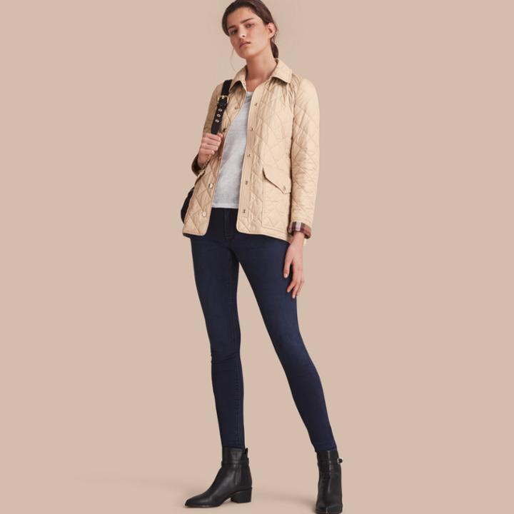 Burberry Burberry Check Detail Diamond Quilted Jacket, Size: S, Beige