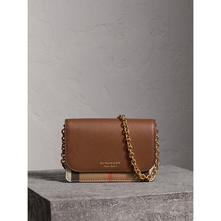 Burberry Burberry Leather And House Check Wallet With Detachable Strap, Brown
