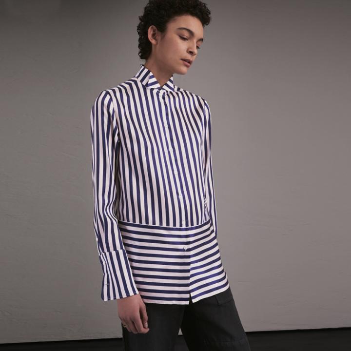 Burberry Burberry Wing Collar Striped Silk Cotton Shirt, Size: 06, Blue