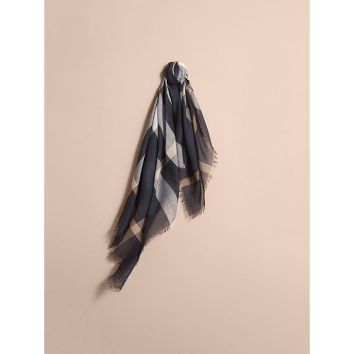 Burberry Burberry Check Lightweight Wool Silk Square Scarf, Blue