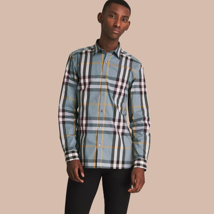 Burberry Burberry Check Stretch Cotton Shirt, Size: Xxxl, Blue