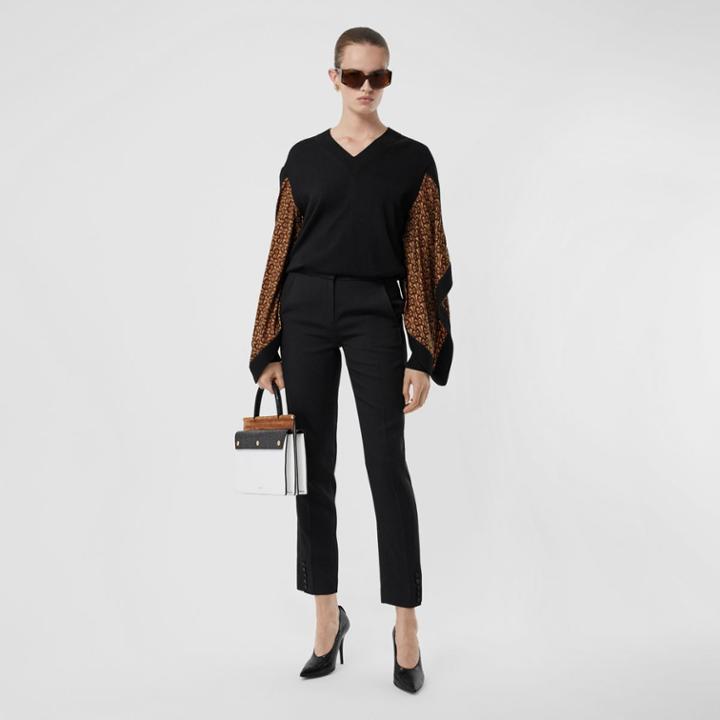 Burberry Burberry Monogram Print Silk Panel Merino Wool Sweater, Black