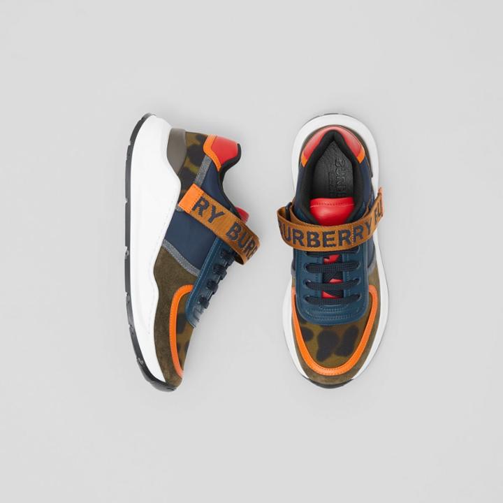 Burberry Burberry Logo Detail Leopard Print And Leather Sneakers, Size: 37, Blue