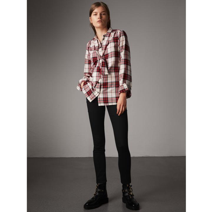 Burberry Burberry Pussy-bow Check Flannel Shirt, Size: 04, Red