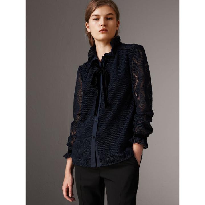 Burberry Burberry Geometric Lace Tie-neck Shirt, Size: 04, Blue