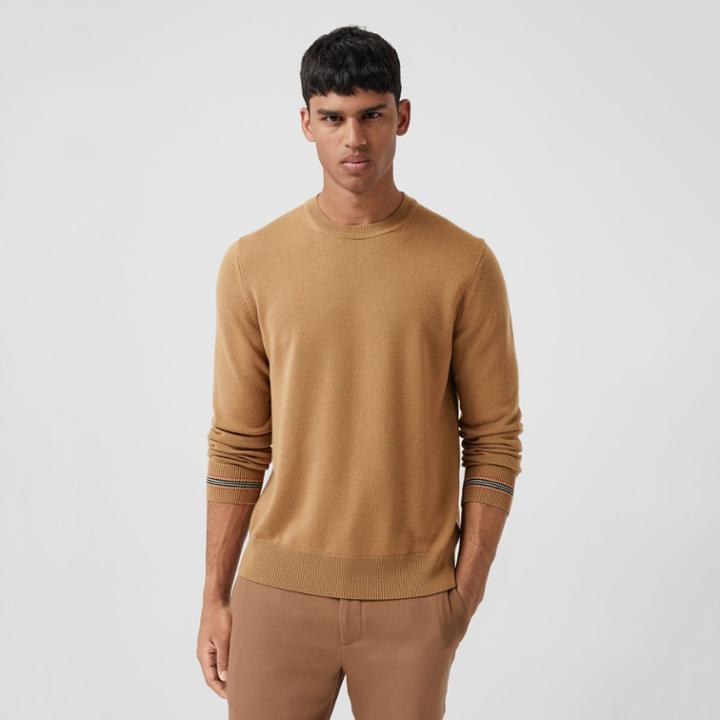 Burberry Burberry Icon Stripe Trim Merino Wool Sweater, Brown