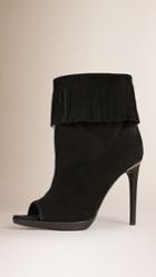 Burberry Burberry Fringed Suede Peep-toe Ankle Boots, Size: 37.5, Black
