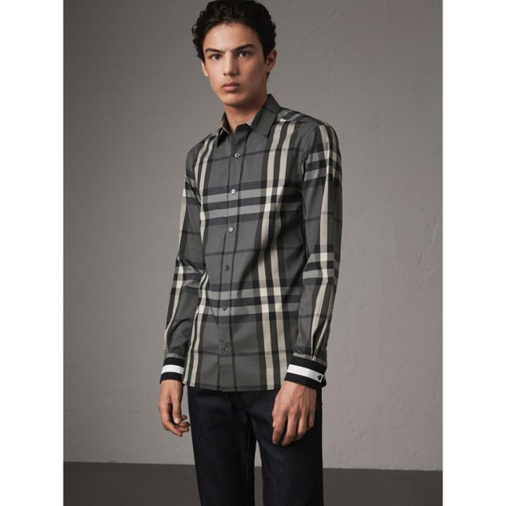 Burberry Burberry Striped Cuff Check Cotton Blend Shirt, Grey