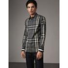 Burberry Burberry Striped Cuff Check Cotton Blend Shirt, Grey