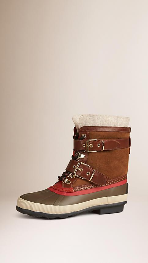 Burberry Sueded Shearling And Check Duck Boots