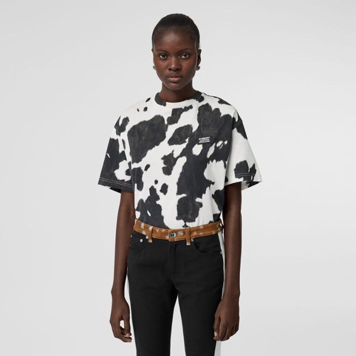 Burberry Burberry Logo Detail Cow Print Cotton Oversized T-shirt, Size: Xs, Black
