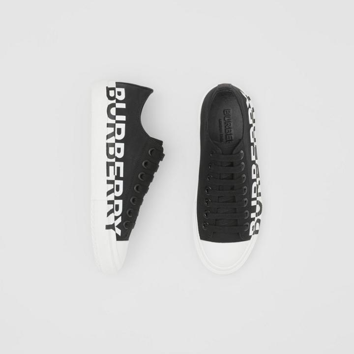 Burberry Burberry Logo Print Two-tone Cotton Gabardine Sneakers, Size: 37, Black