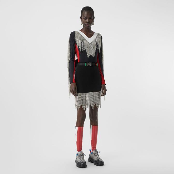 Burberry Burberry Crystal Fringe Stretch Knit Mini Skirt, Black